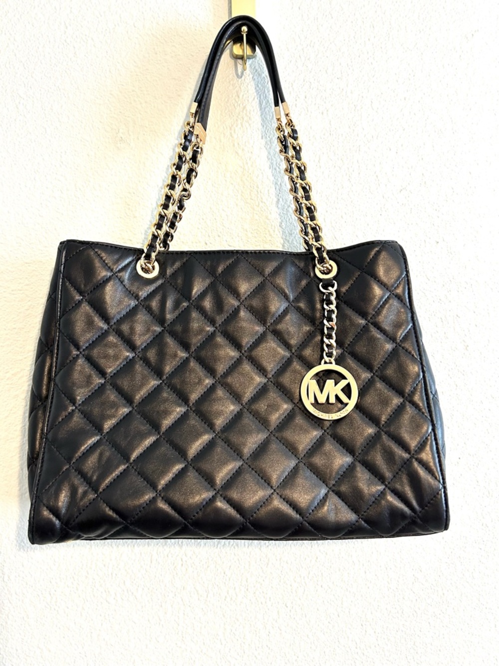Michael Kors Susannah Black Quilted Leather Tote Bag Gold Chain Strap